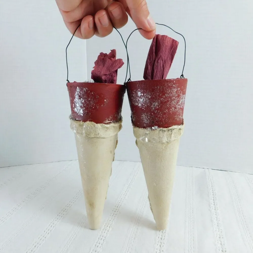 Christmas Ornaments Santa Plaster Handmade Sugared Lot of 2, Red Cones Vintage